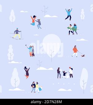 People in winter park. Couples and kids outdoor. Christmas holidays activities in urban snowy park vector concept. Winter park snow, people walk and play in snow illustration Stock Vector