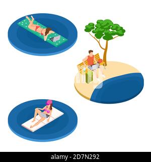 Vector isometric freelance workers on the beach working with laptop illustration. Freelancer work at laptop, worker on beach Stock Vector