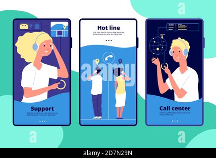 Online support concept. Customers chat operator, consultant answers client. Call center, customer service vertical vector layouts. Operator call, service support customer, help online illustration Stock Vector