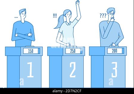 Quiz show. Clever people trivia contest game tv show with question mark answer young girl winner. Quiz linear flat vector concept. Play game show, competition quest drawing illustration Stock Vector