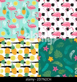 Tropical seamless pattern collection with exotic fruits, flamingo and plants. Illustration of exotic summer patterns with flamingo and pineapple Stock Vector