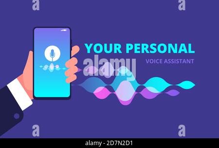 Voice assistant. Sound and music recognition and analytics smartphone app vector concept. Voice sound recognition, technology phone assistant illustration Stock Vector