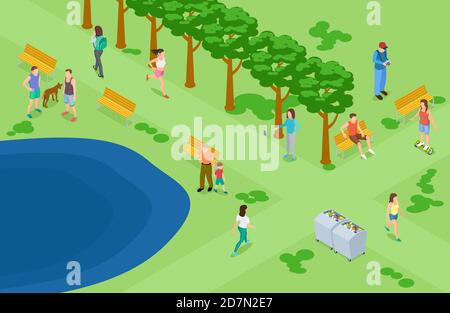 People relaxing and running in the park isometric vector background. Isometric park with people do fitness illustration Stock Vector