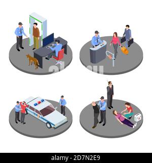 Security and police work isometric vector situations. Guard character, metal detector and control security illustration Stock Vector