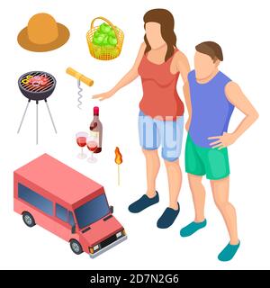 Male and female campers and camping accessories isometric vector elements. Illustration of woman and man barbecue cooking Stock Vector