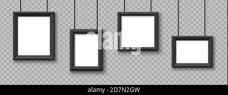 Blank hanging frames. Pictures, photo frames mockup vector isolated on transparent background. Illustration of empty photo frame, gallery portfolio album Stock Vector