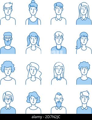 Outline avatars. Smiling young people icons user flat line man woman anonymous faces man woman cute guy web avatar profile vector set. Illustration of outline avatar, user woman and man Stock Vector