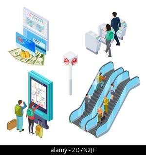 Isometric metro elements. Subway escalator, turnstile, info desk with people. 3d underground isometric transportation, station and turnstile illustration Stock Vector