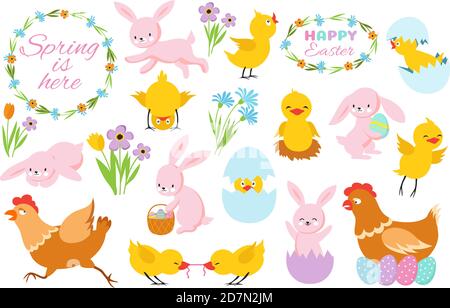 Easter bunny, chicks and spring flowers. Funny rabbits, baby chickens and eggs. Cartoon easter spring vector set of happy rabbit and chick, holiday easter illustration Stock Vector