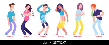 People with heat stroke symptoms vector characters. Illustration of people with symptoms weaknes and tremor, red skin and vomiting Stock Vector