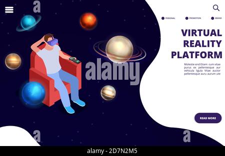 Virtual reality space travel isometric vector concept. Space augmented reality illustration. Isometric virtual reality, vr game in space, innovation experience Stock Vector