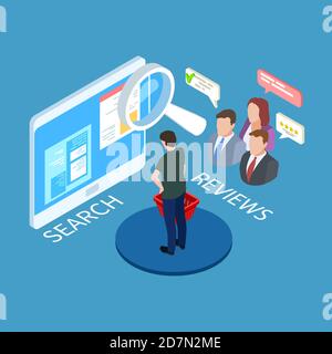 Online shopping vector. Search and selection of goods, research reviews isometric concept. Illustration search review and research with magnifier Stock Vector