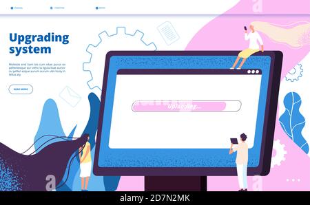 Upgrading system. Upgrade systems website update computer laptop software pc maintenance vector landing page with tiny guy. Illustration of upgrade program, progress of installation software Stock Vector