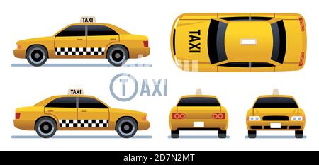 Taxi car. Yellow cab view from side, front, back and top. Cartoon city taxi vector set. Illustration of taxi auto, transport service Stock Vector