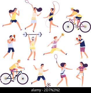 Sports people set. Exercising persons gymnast, runner and tennis player, boxer and footballer. Isolated cartoon vector characters set. Man sportive, woman runner, game football volleyball illustration Stock Vector