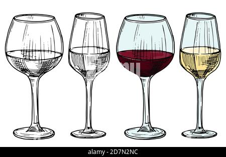 Hand drawn glasses with red and white wine vector illustration. Alcohol white and red drink wine, sketch beverage in wineglass Stock Vector