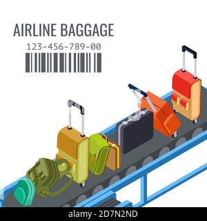 Belt transporter with different airline baggage isometric vector background. Luggage isometric, baggage conveyor illustration Stock Vector