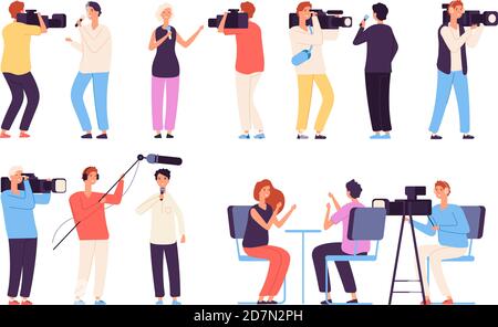 Journalists. Broadcaster news journalists broadcasting camera crew cameraman tv studio interview isolated vector cartoon characters. Illustration of cameraman journalist, media reporter interview Stock Vector