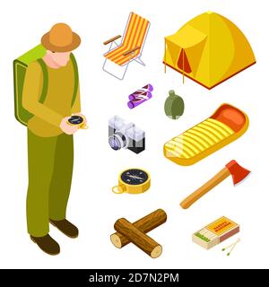 Tourist and camping equipment vector isometric collection. Illustration of isometric adventure tourist, outdoor equipment for tourism Stock Vector