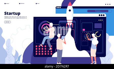 Startup landing. People successful launch spaceship rocket, start new business innovative project. Startup app vector concept. Illustration startup business, launch spaceship, teamwork project webpage Stock Vector