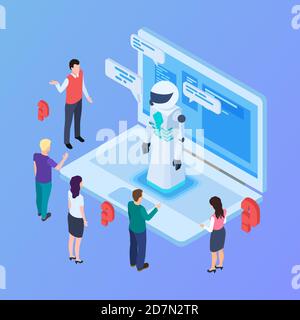 Chatbot vector concept. Isometric artificial intelligence robot with people. Robot intelligence, chat bot ai isometric, communication chatbot illustration Stock Vector