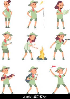 Children scouts. Cartoon kids in scout uniform in summer camping. Funny boys and girls tourist vector characters. Illustration of boy and girl in uniform scout Stock Vector