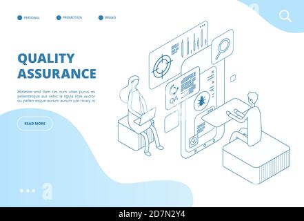 Quality assurance concept. Assured result of app test, software analysis and inspection. Bug fixing, program testing vector web page. Illustration of quality assurance software, isometric testing bug Stock Vector
