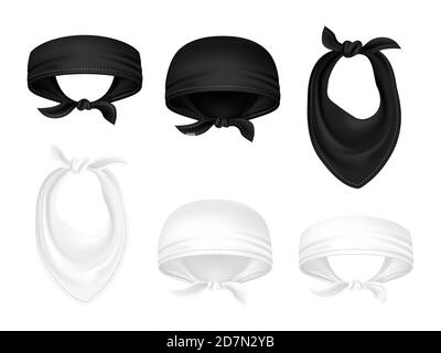 Black and white bandanas or bikers scarfs isolated on white background. Vector bandana and scarf accessory, neckerchief and handkerchief illustration Stock Vector