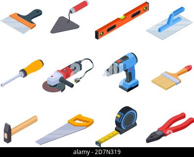 Repair tool isometric. Handyman construction tools paint kit repair home drill craftsman 3d isolated vector set. Illustration of repair tool construction, equipment industry hammer and handsaw Stock Vector