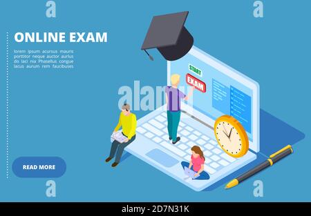Online exam vector isometric. Online education and examination concept with students. Illustration of isometric examination online, education and training Stock Vector