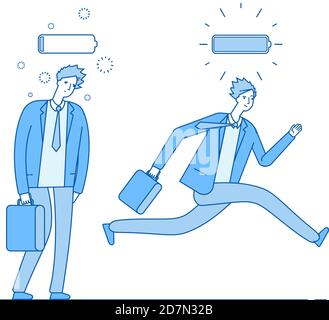 Energy and tired businessman. Powerful running and weak walking person with full charge and uncharged battery. Business vector concept. Illustration of businessman, business energy, tired and power Stock Vector