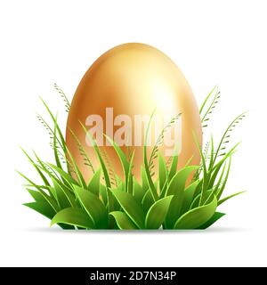 Realistic golden egg and green grass isolated on white background - vector easter composition. Illustration of easter egg in green grass Stock Vector