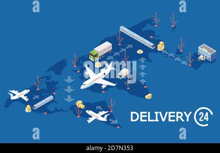 Vector isometric global logistic concept, Delivery world map illustration. Cargo isometric, global delivery, truck service, export and logistic Stock Vector