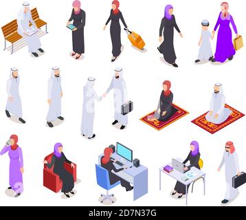 Muslim isometric. Arab 3d people, saudi business woman and man in traditional clothes. Arabian isolated vector characters. Illustration of woman and man, muslim saudi people Stock Vector
