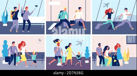 Tourists airport. People with luggage in international airport terminal passengers going summer vacation transportation vector concept. Illustration of passenger tourist in airport, terminal travel Stock Vector