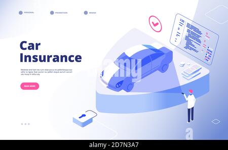 Car insurance concept. Damaged crash fire flood thief cars accident auto insurance security automobile claim form vector landing page. Illustration of insurance and protection transport Stock Vector