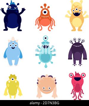 Funny monsters. Cute baby monster aliens bizarre avatars. Crazy hungry halloween animals isolated cartoon vector characters. Illustration bizarre animal alien, funny monster, creature cheerful beast Stock Vector