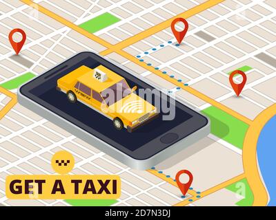 Isometric mobile taxi. Online taxi service and payment with smartphone app on city map vector. Taxi car app, city service transport illustration Stock Vector