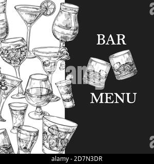 Bar menu vector template with hand drawn drinks and cocktails. Illustration of alcohol menu sketch, cocktail drink, tequila and beverage Stock Vector