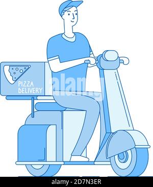 Pizza delivery. Boy riding motorbike, scooter delivers pizza away. Food free home delivering service line vector concept. Motorbike with pizza box, delivery motorcycle courier illustration Stock Vector