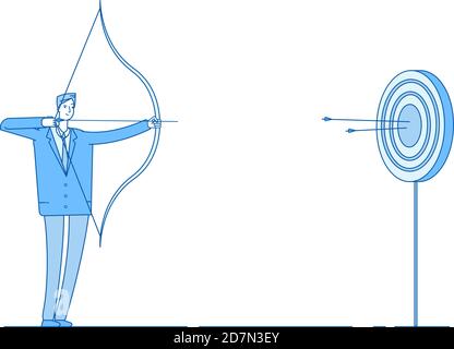 Man shoots bow. Arrow targeting in target, businessman precision shooting. Aim reaching business benefit accomplishment vector concept. Goal and target, success archery illustration Stock Vector