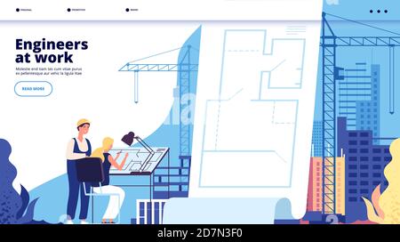 Building construction landing. Architects and construction workers. Architectural service business web page vector design. Illustration of architect construction, worker engineering, professional work Stock Vector
