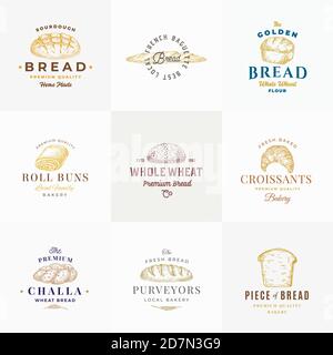 Premium Quality Bakery Vector Signs or Logo Templates Collection. Hand Drawn Brad Loafs, Challa, Baguette and croissant Sketches with Typography. Food Stock Vector