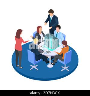 Meeting in a construction company, business dispute about apartment house isometric vector concept. Business meeting, brainstorming team, real estate presentation illustration Stock Vector