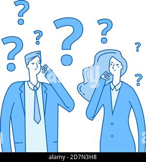 Thinking couple. Confused young girl man with question marks. Troubled people think vector concept. Illustration of woman and man confused and problem Stock Vector