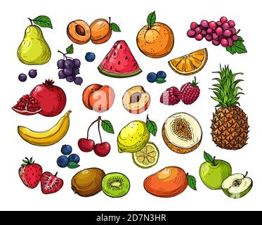 Cartoon berries and fruits. Pineapple grapes, pear apple, orange mango, melon kiwi, banana lemon. Vector isolated set. Illustration of watermelon and strawberry, juicy fruit Stock Vector