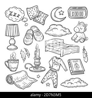 Bedtime doodle. Relax sleep, comfortable pillow feathers dream zzz night dreaming. Sleeping time hand drawn vector set. Sleep doodle element, bedtime outline, clock and lamp illustration Stock Vector