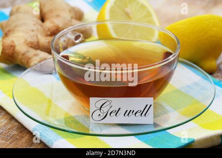 Get well card with cup of tea with fresh ginger and lemon Stock Photo