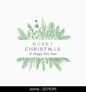 Merry Christmas Abstract Botanical Logo or Card with Frame Banner and Modern Typography. Hand Drawn Spruce or Pine Branches and Flower Leaves. Sketch Stock Vector