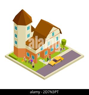 Isometric nursing house vector. Elderly people walking and speaking concept. Illustration of house retirement, elderly patient woman and man Stock Vector